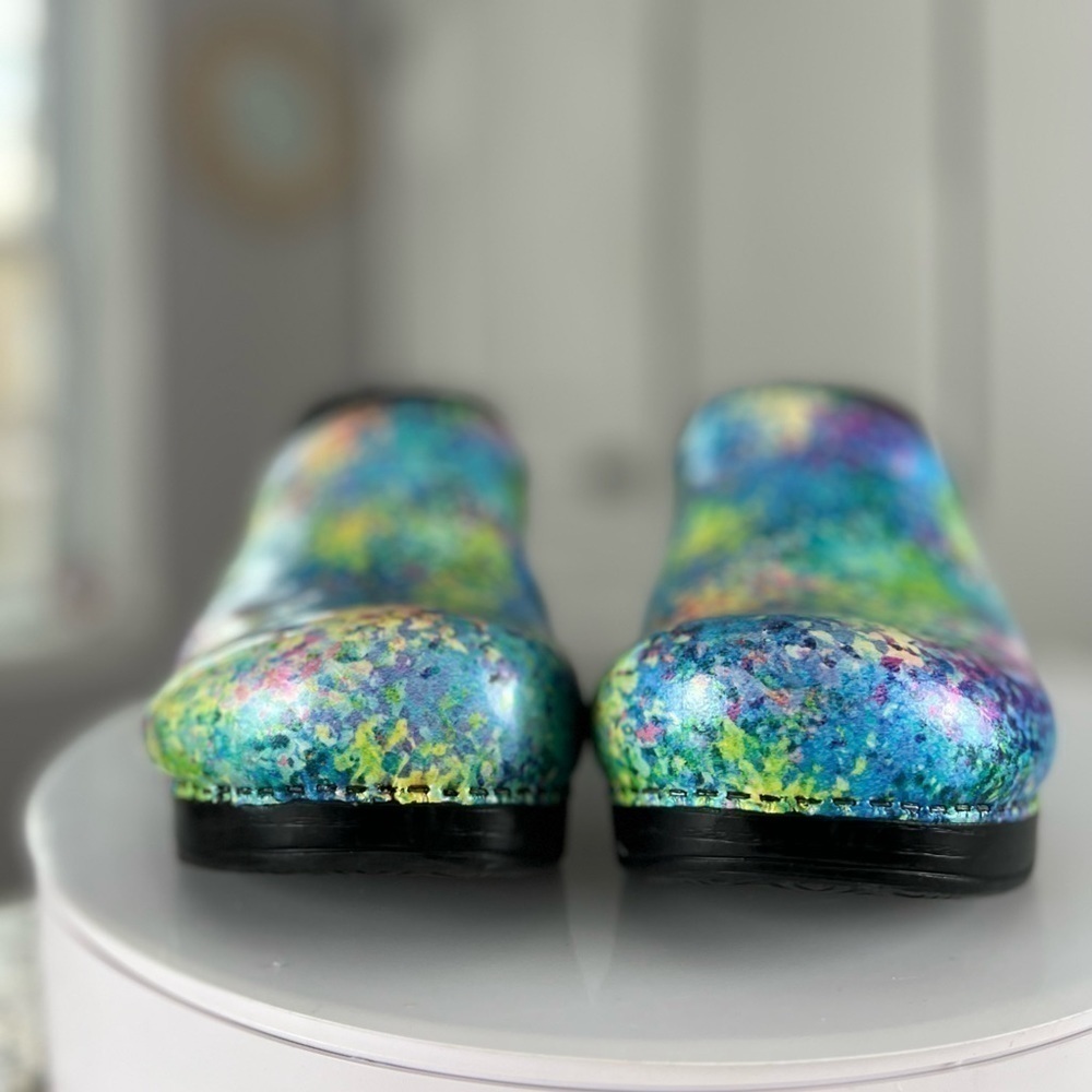 Dansko Teal Purple Pink Green Yellow Speckled Leather Clogs Size 11.5 - Picture 13 of 17